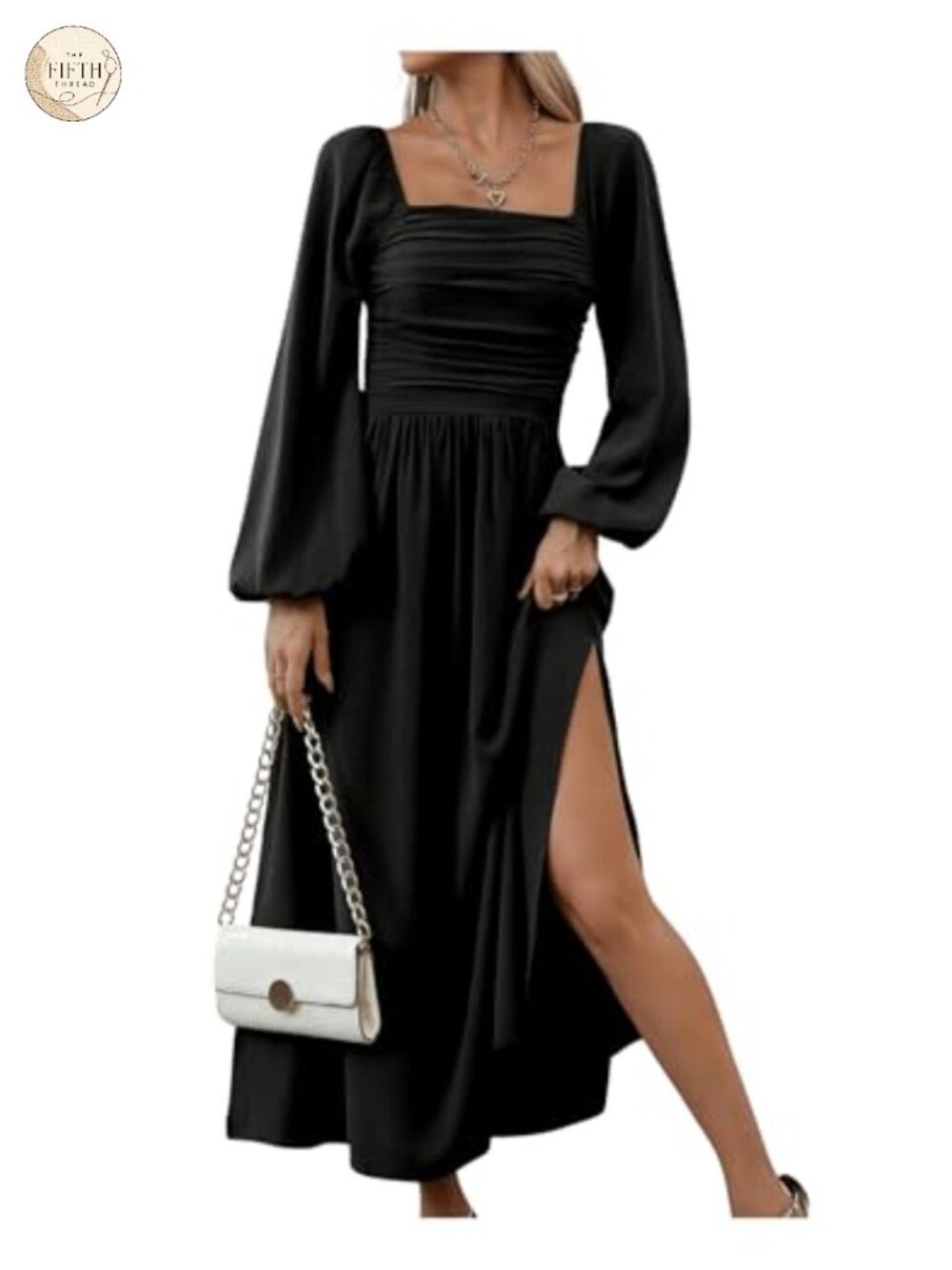 Square Neck Lantern Long Sleeve Ruched Split Midi Dress